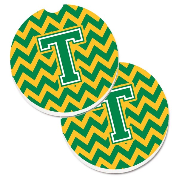 Carolines Treasures Letter T Chevron Green and Gold Cup Holder Car Coaster, PK2 CJ1059-TCARC - main
